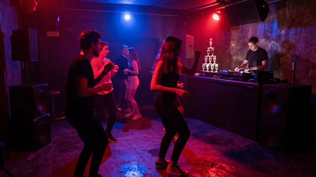 Crowd dancing under red and indigo lights in an underground Monaco club with intense bass.