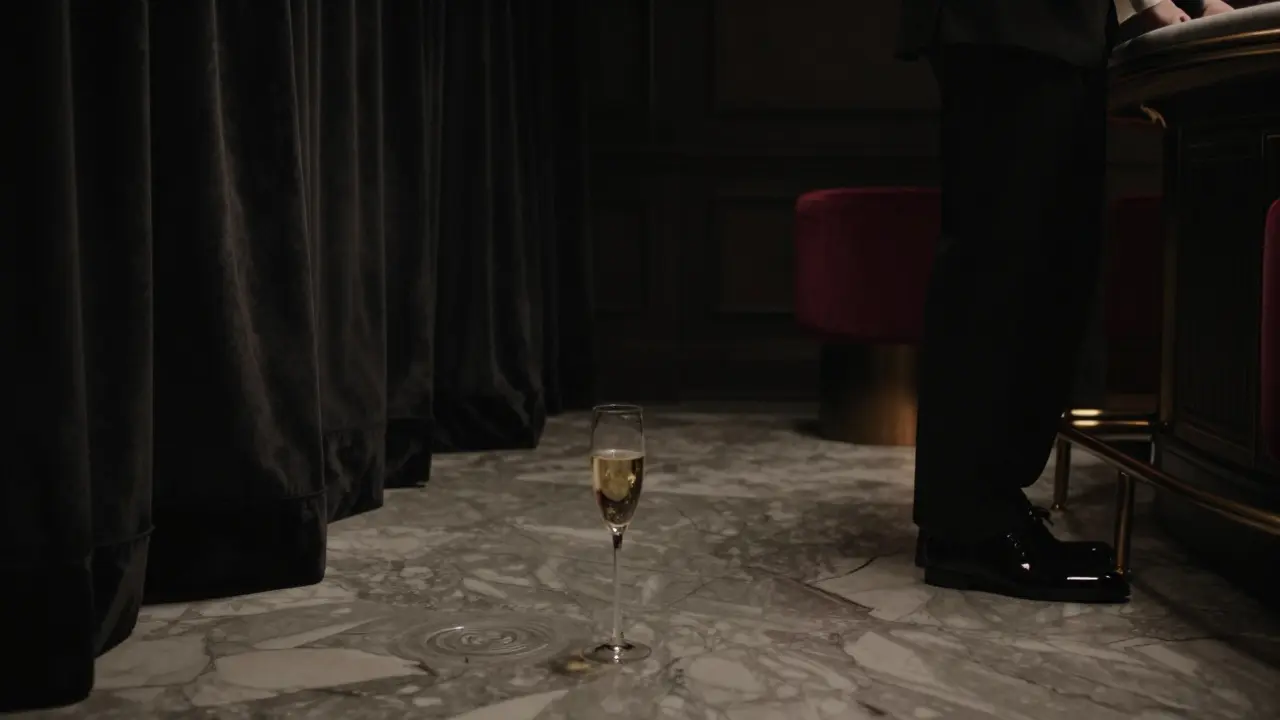 Dimly lit Rockfeller club interior with elegant guest and champagne glass.