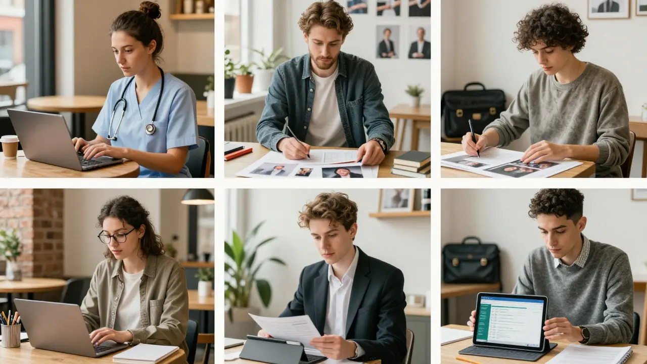 Diverse professionals working independently on laptops and tablets, blending escort work with other careers.