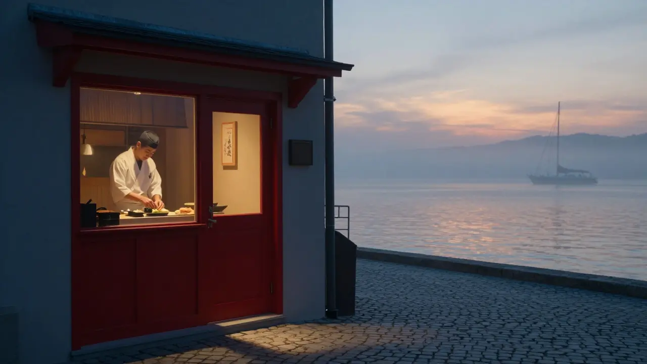 Early morning sushi bar with red door and sunrise over Monaco harbor.