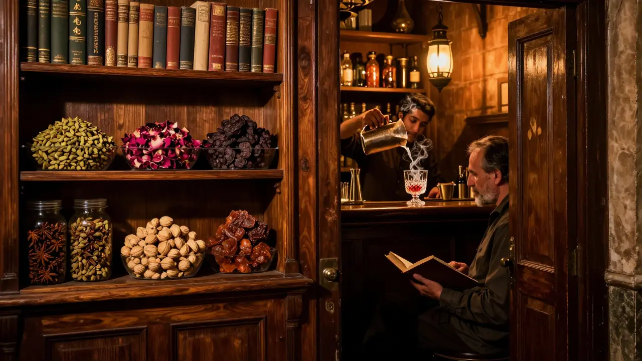 Hidden speakeasy bar with books and traditional ingredients, warm lantern light illuminating a bartender pouring a cocktail.