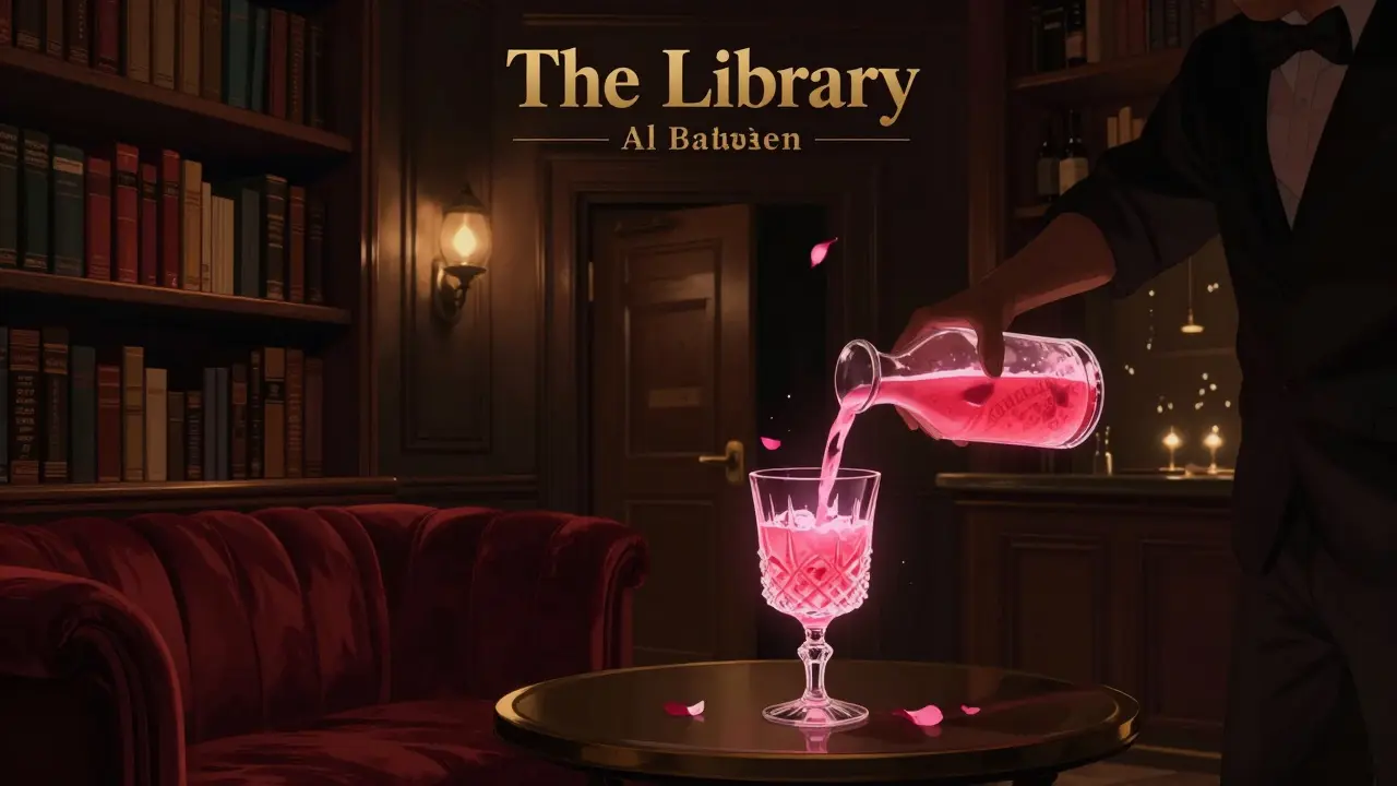 Hidden speakeasy interior with velvet couches, bookshelves, and a bartender serving a pink cocktail.