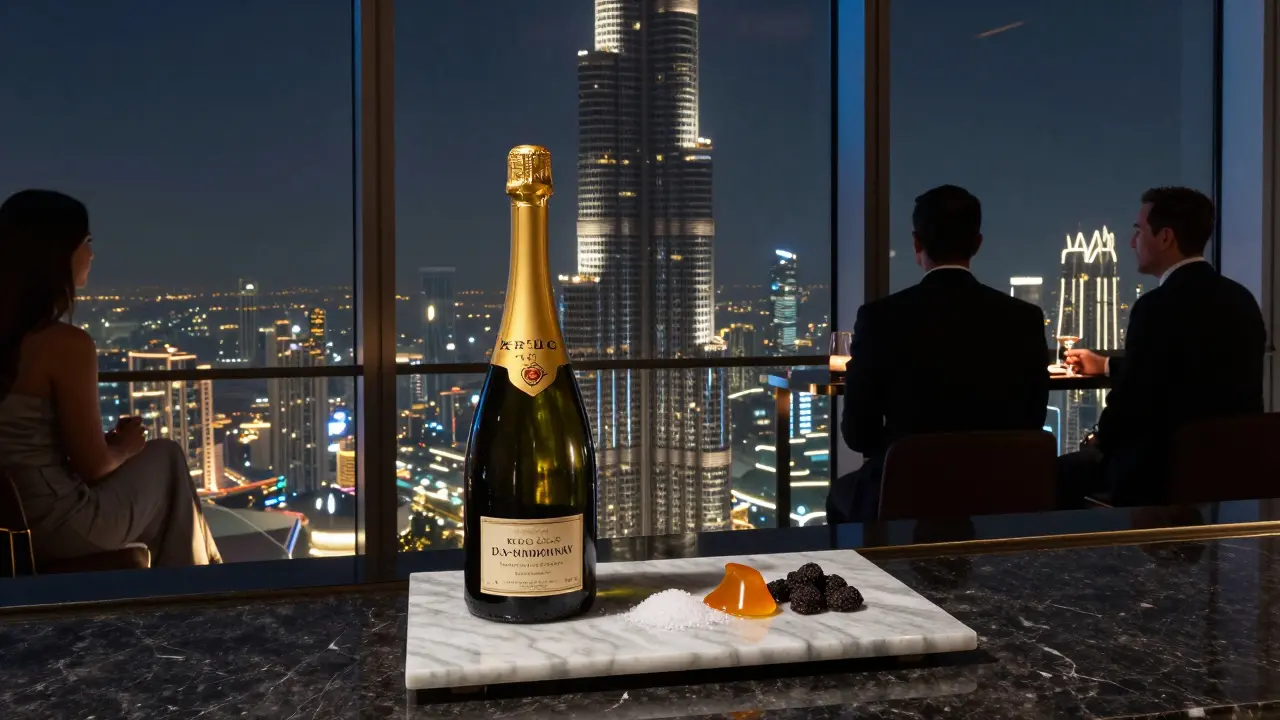 Highest bar in the world with panoramic city lights, bottle of champagne and tasting elements on marble.