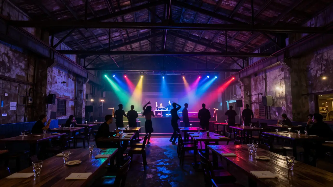 Industrial nightclub terrace with dancers under colorful lights against a starry night sky.