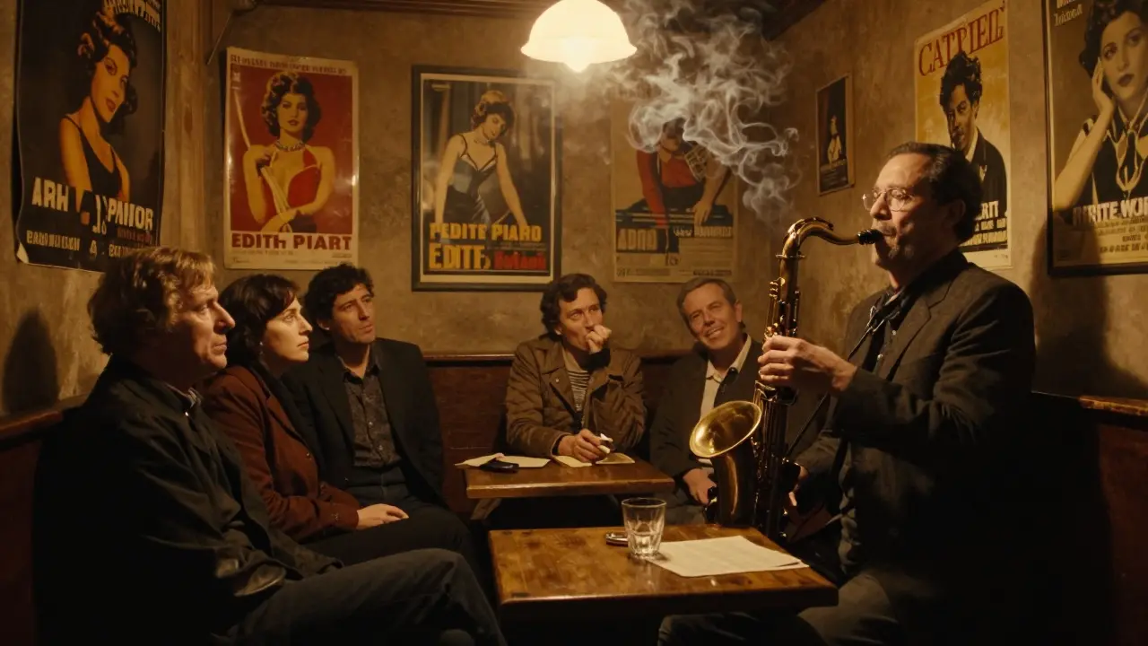 Intimate jazz cellar with saxophonist under spotlight, listeners absorbed in music, dim amber lighting and vintage posters.