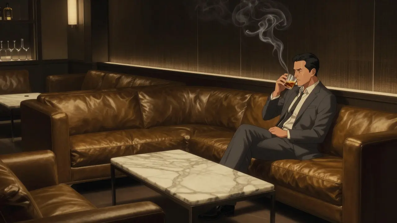 Intimate lounge with marble bar and leather sofas, lone figure in gray suit in dim, quiet ambiance.