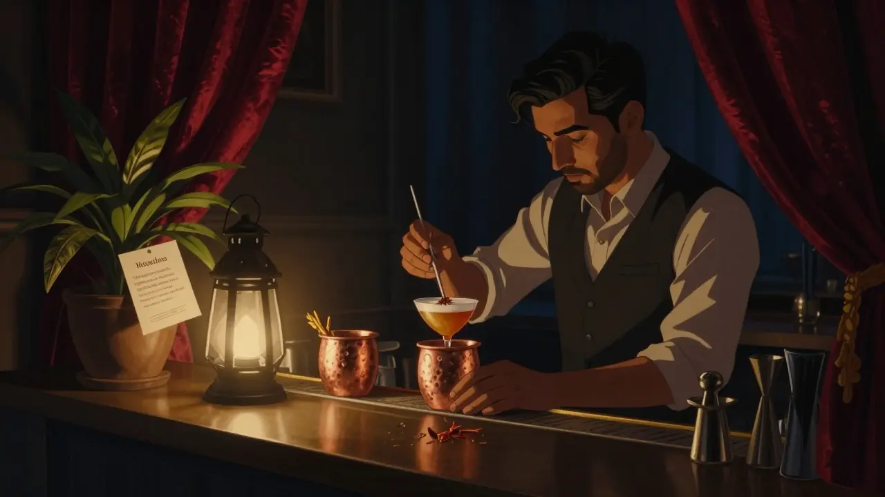 Intimate speakeasy bar in downtown Dubai with a bartender mixing craft cocktails under soft lantern light.