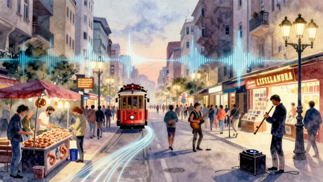 Istiklal Avenue at night, blending traditional music, street vendors, and modern nightlife in watercolor style.
