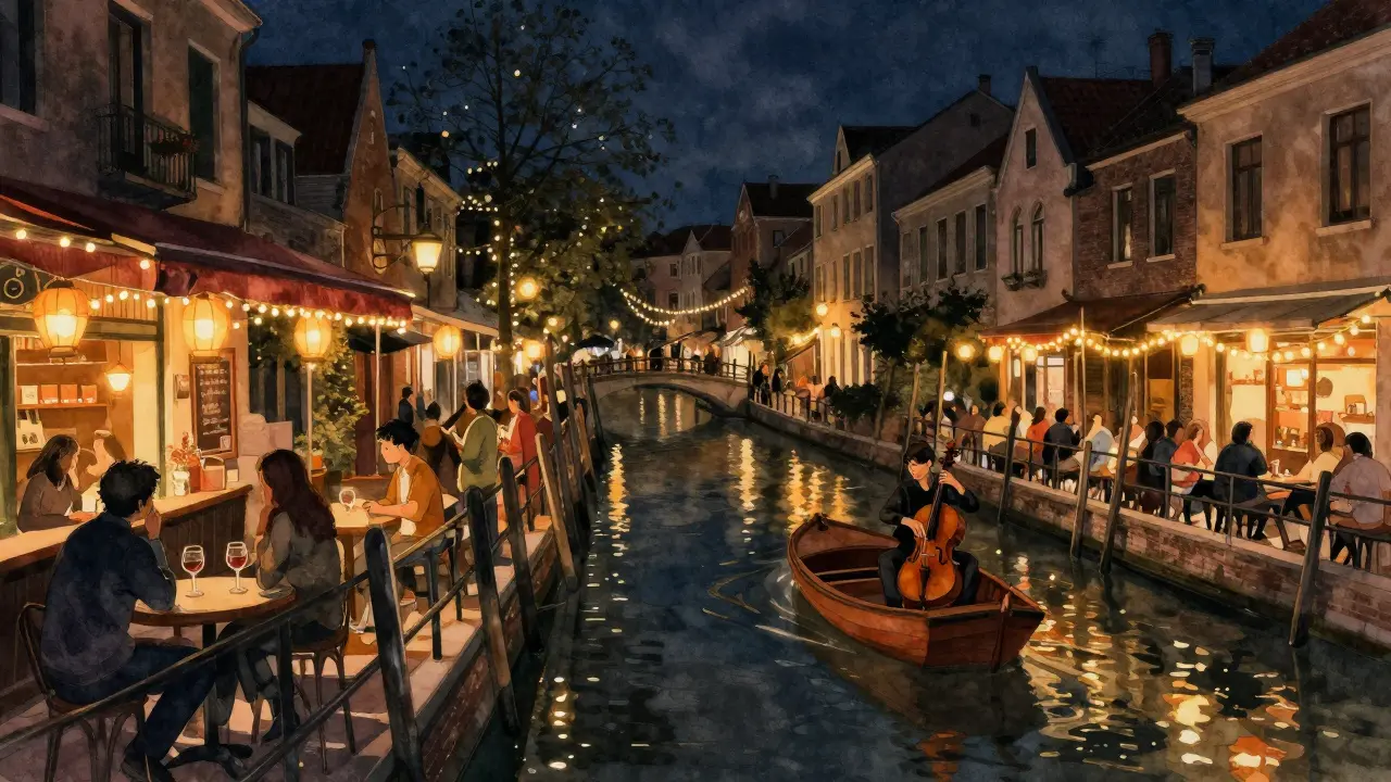 Lantern-lit canals in Navigli with a cellist playing on a boat under string lights.