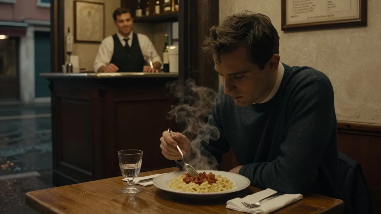 Late-night risotto at a Porta Venezia eatery, lone diner with grappa glass under warm dim light.