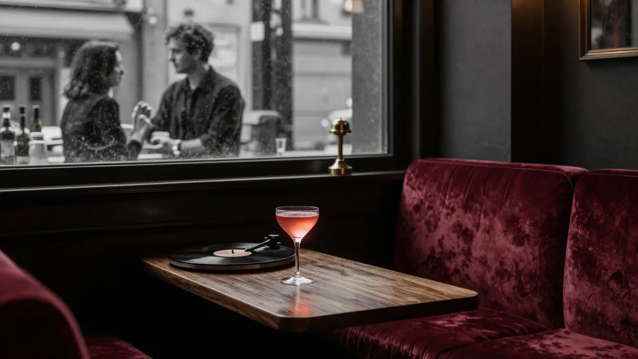 Le Blue bar at night with a glowing cocktail and quiet patrons in a moody, velvet-lit setting.