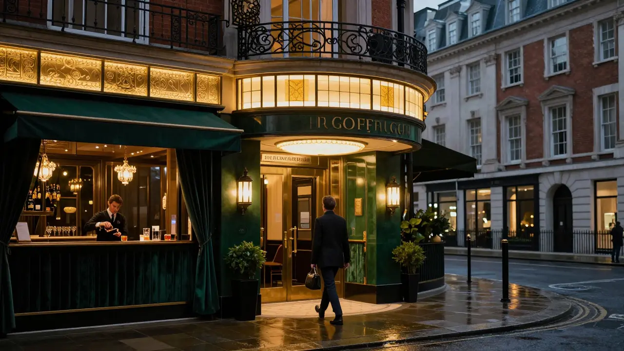 Liberty London’s ornate façade shines at midnight as a figure walks toward a quiet luxury bar on the empty street.