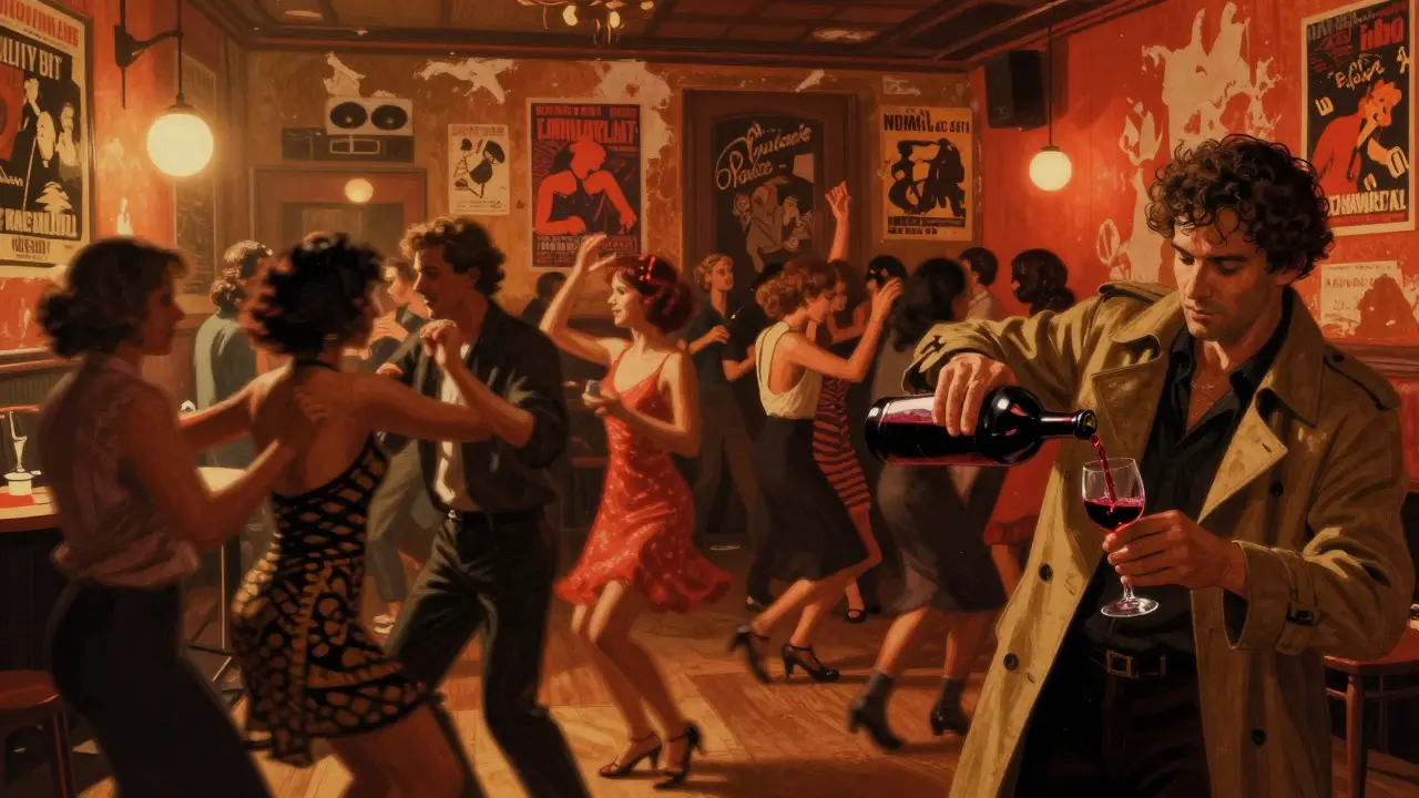Locals dancing in a vintage dance hall with peeling walls and red wine being poured from a carafe.