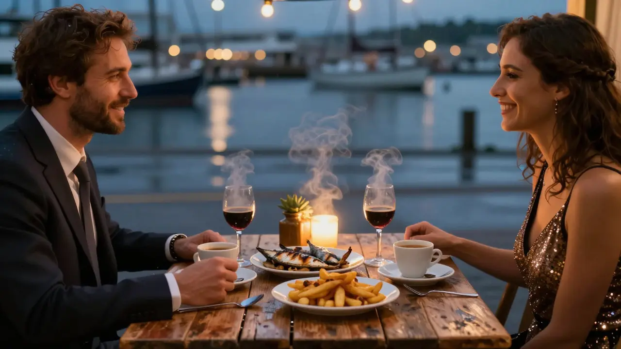 Locals sharing food and laughter at a 24-hour bistro late at night, with harbor lights reflecting in their glasses.