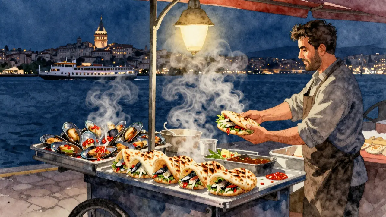 Midnight street food stall in Eminönü serving grilled fish and stuffed mussels under a streetlamp.