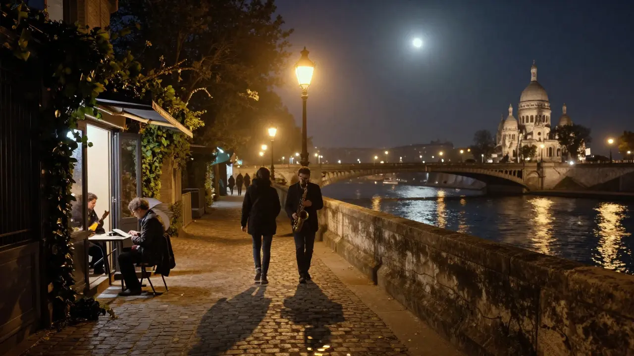 Moonlit walk along the Seine with golden reflections, jazz drifting from a basement, and lantern-lit cobblestones.