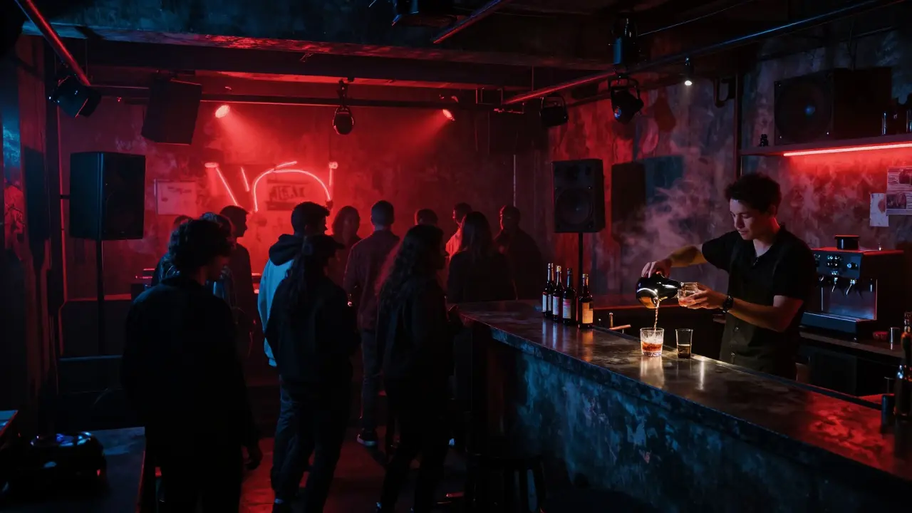 People dancing in a dim underground club with industrial walls and neon lighting.