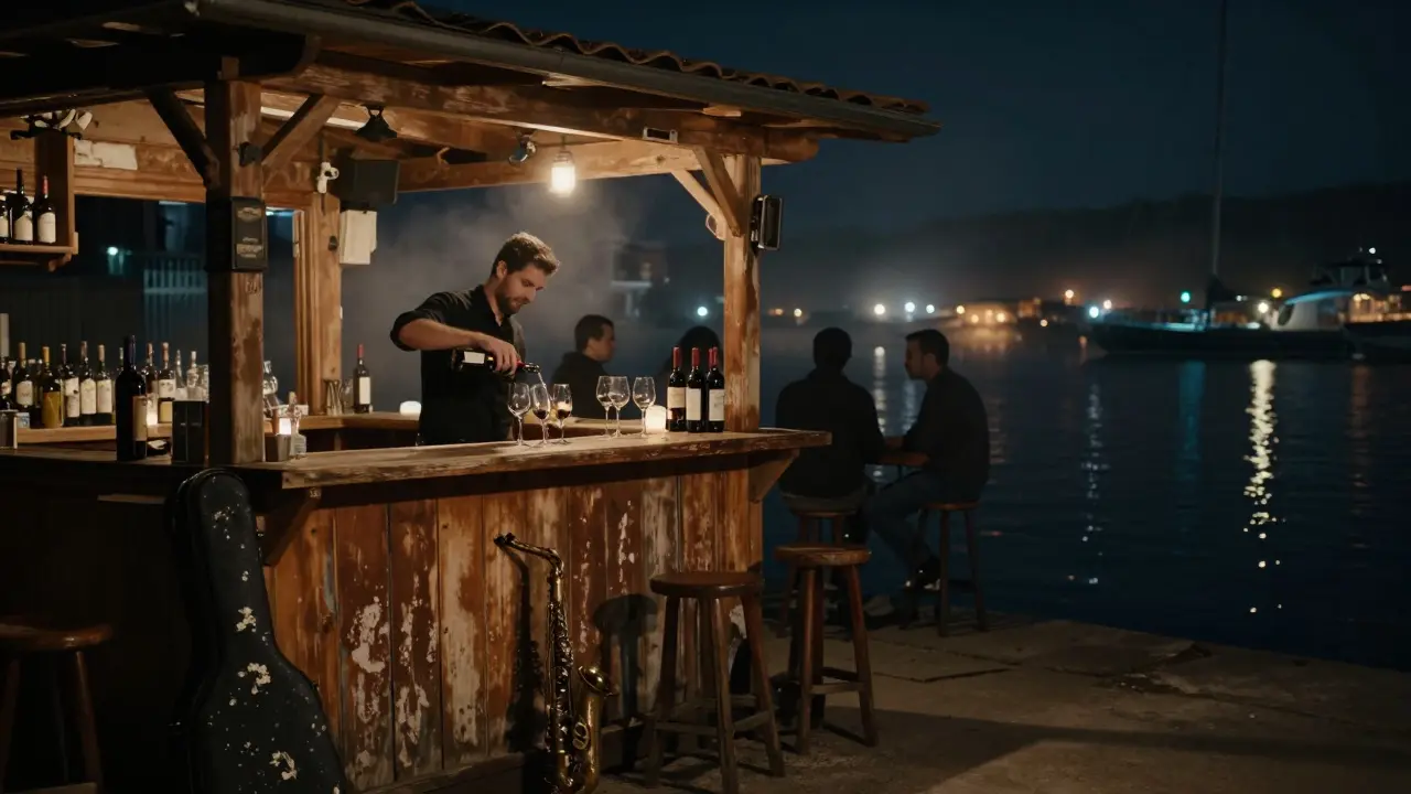 Quiet harbor bar at midnight, locals chatting, yachts glowing on dark water, saxophone case by the wall.