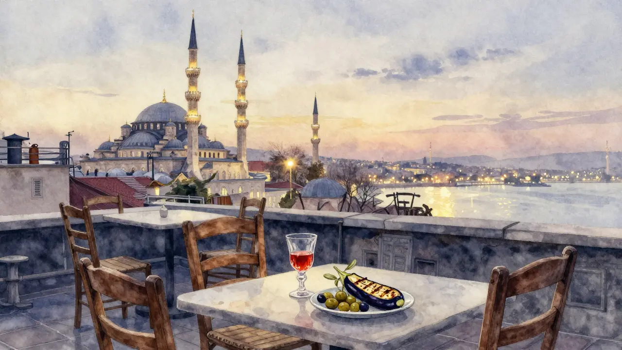 Quiet rooftop at dawn with raki and meze, Golden Horn glowing behind Istanbul's skyline.