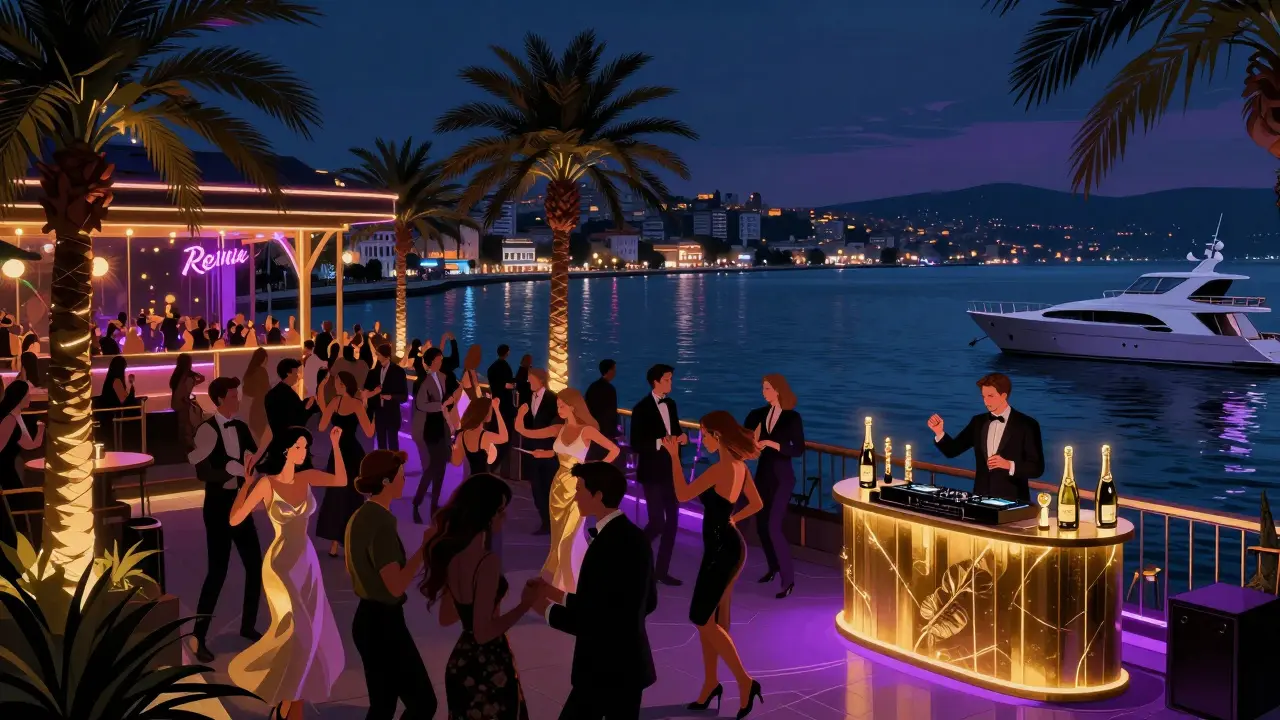 Reina nightclub on the Bosphorus waterfront at midnight, guests dancing under neon lights and palm trees.