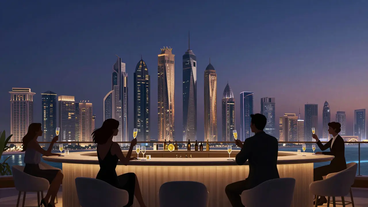 Rooftop bar with panoramic city views, guests clinking champagne flutes with gold leaf under twilight skies.