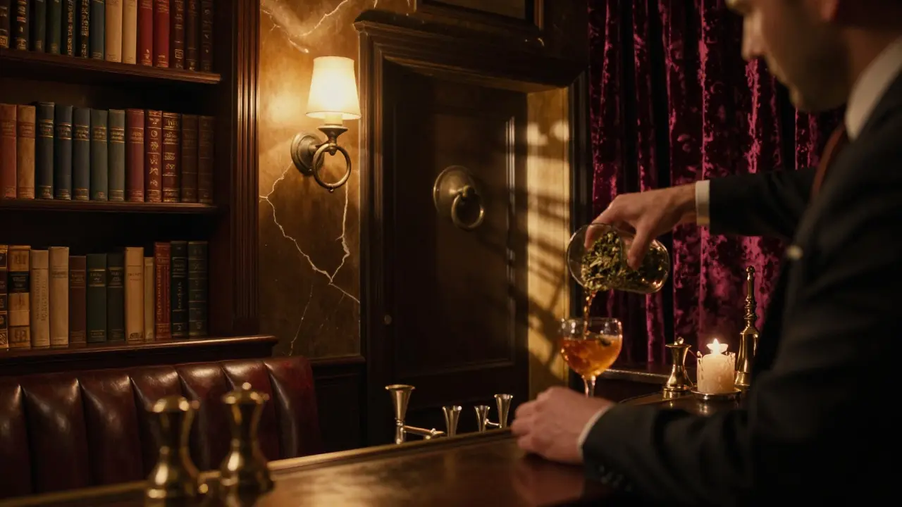 Secret speakeasy bar with velvet booths, vintage books, and a bartender pouring a herbal cocktail in low light.
