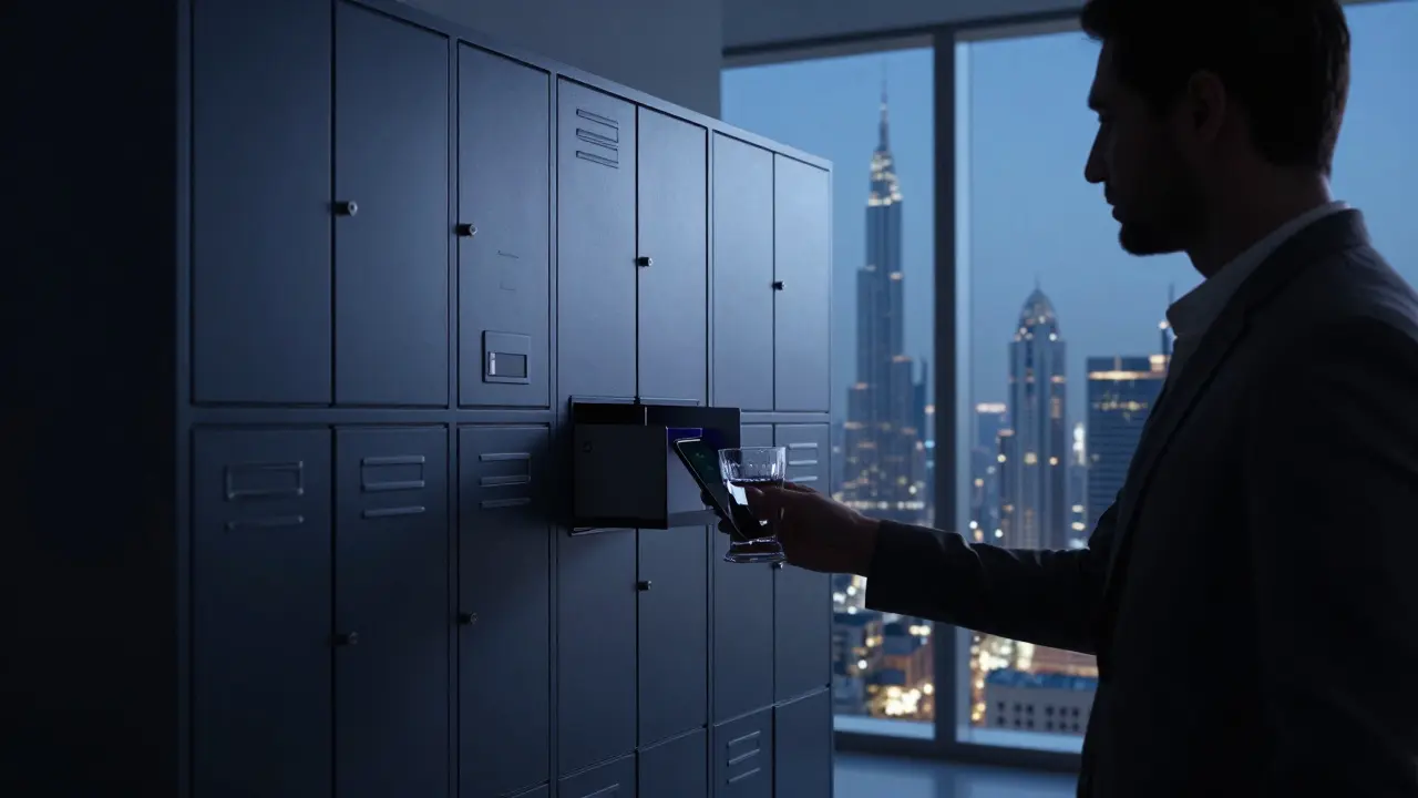 Silhouettes in a modern Dubai apartment, a man placing his phone in a locker as a companion offers water.