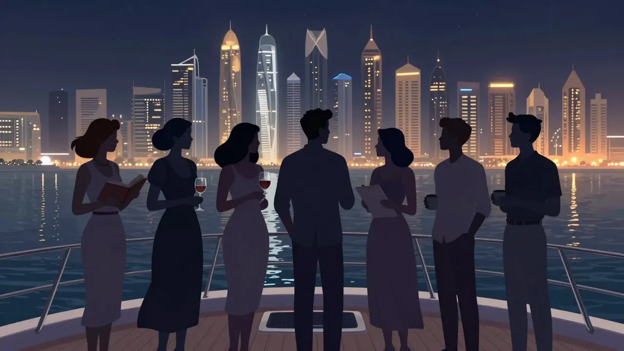 Silhouettes of diverse companions on a yacht at night, representing intellectual and emotional connection in Dubai.