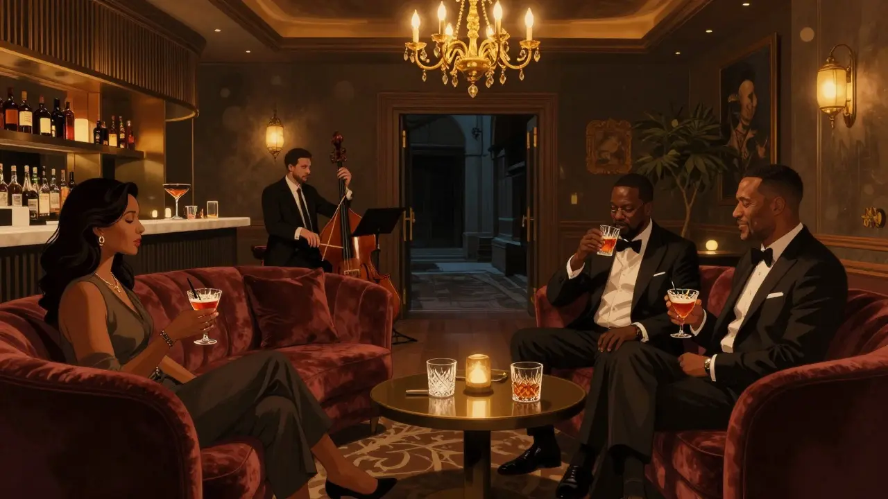 Sophisticated jazz lounge with velvet couches, crystal glasses, and live musicians in dim golden light.