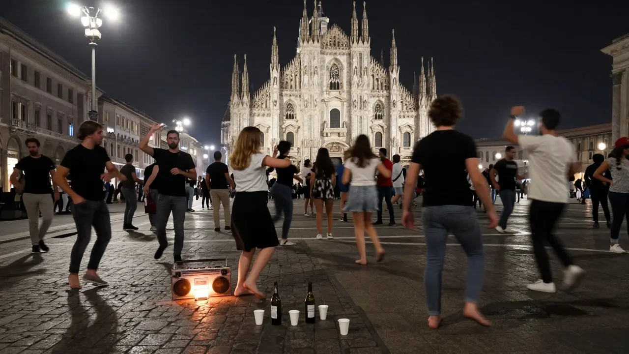 Spontaneous street party in a quiet Milan square at midnight, people dancing under soft lights.