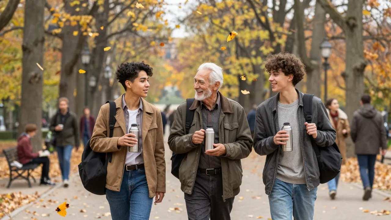 Three diverse people walking together in Tiergarten park, sharing tea and laughter under autumn trees.