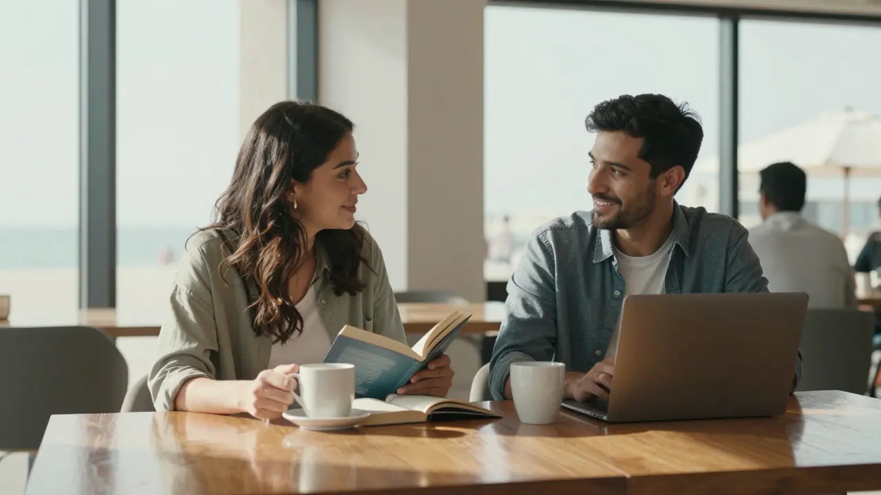 Two individuals talking over coffee in a calm Al Raha café, natural light highlighting genuine interaction.