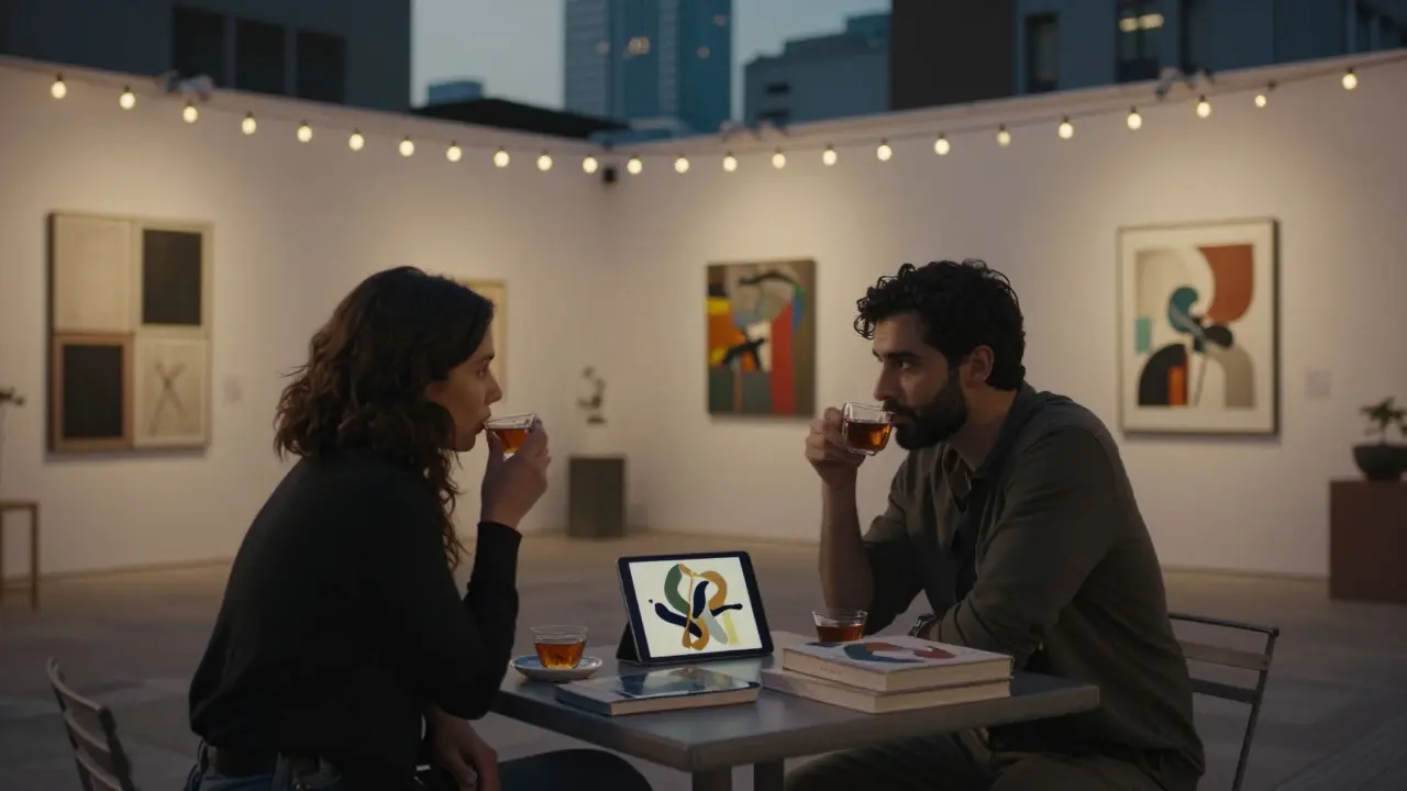 Two people enjoy tea and conversation at an art gallery courtyard in Dubai under soft string lights.