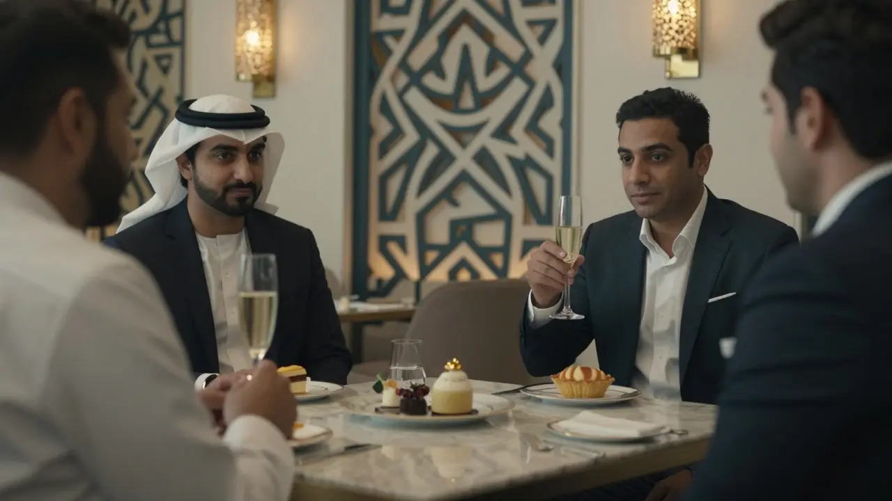 Two people in a luxury lounge sharing champagne and a personalized dessert, surrounded by elegant Arabic design.