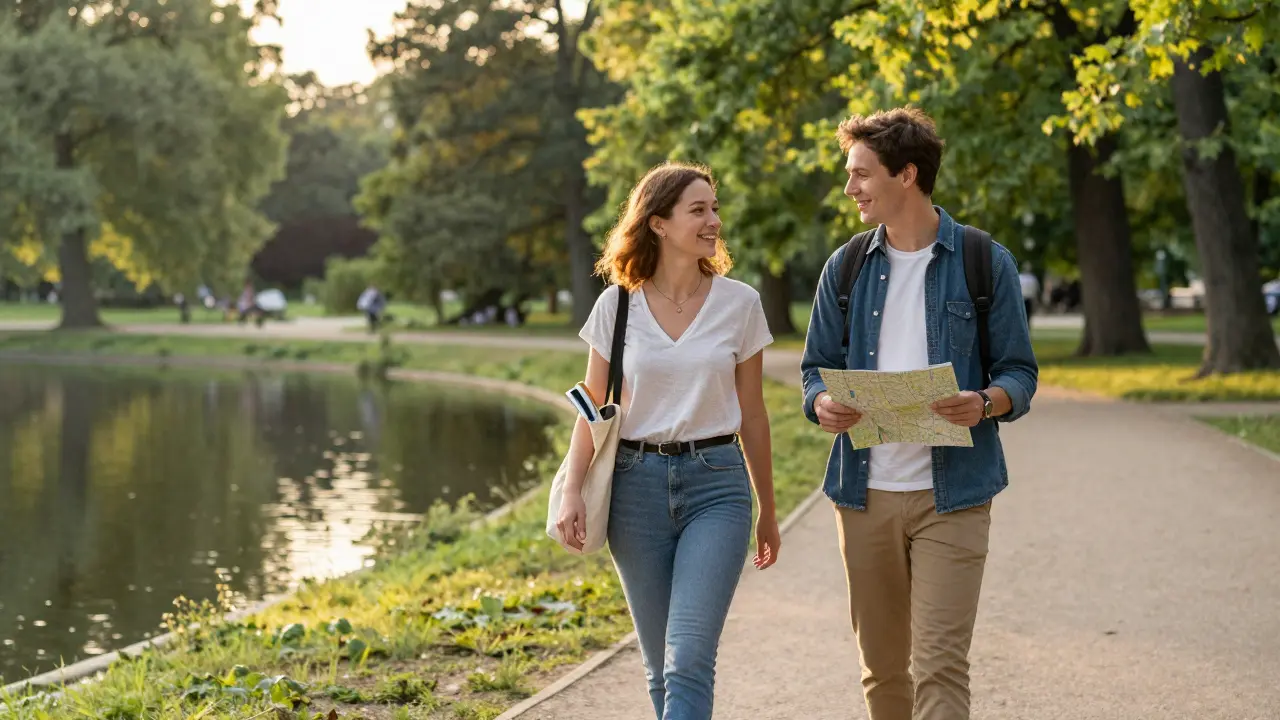 Two people walking peacefully through Tiergarten Park on a sunny morning.