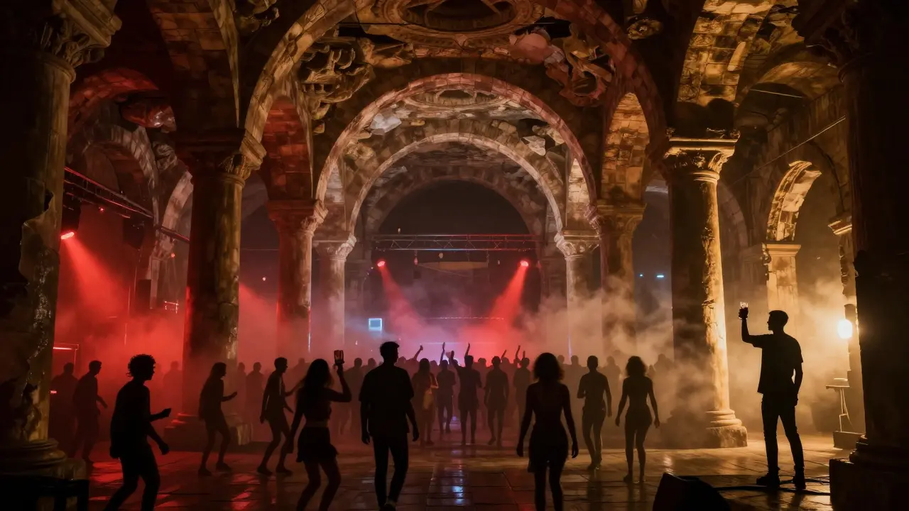 Underground club in ancient stone cistern, dancers illuminated by pulsing lights beneath vaulted arches.