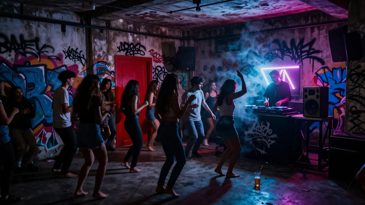 Underground club in Cihangir with graffiti walls, dancers, and a red door in the shadows.