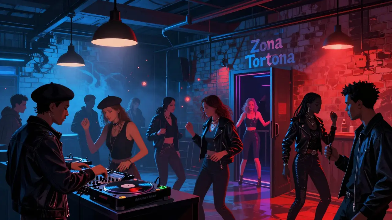 Underground club in Zona Tortona with neon lights, vinyl DJs, and creative crowd in a warehouse setting.
