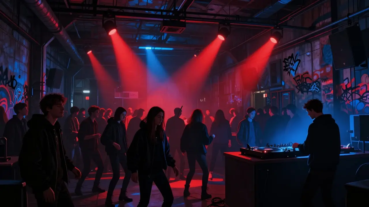 Underground club Lorenzo’s with a vibrant crowd dancing under industrial strobe lights.