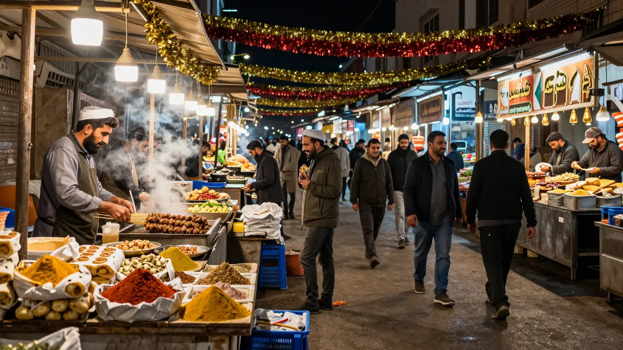 Vibrant night market with food stalls serving kebabs, luqaimat, and manakish under colorful lights.