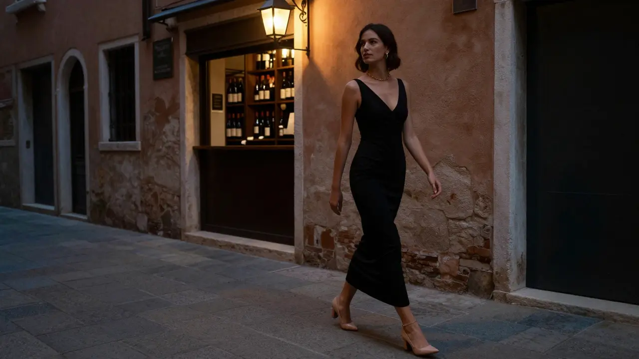 Woman in black crepe dress walking down a dim Navigli side street with minimal jewelry.