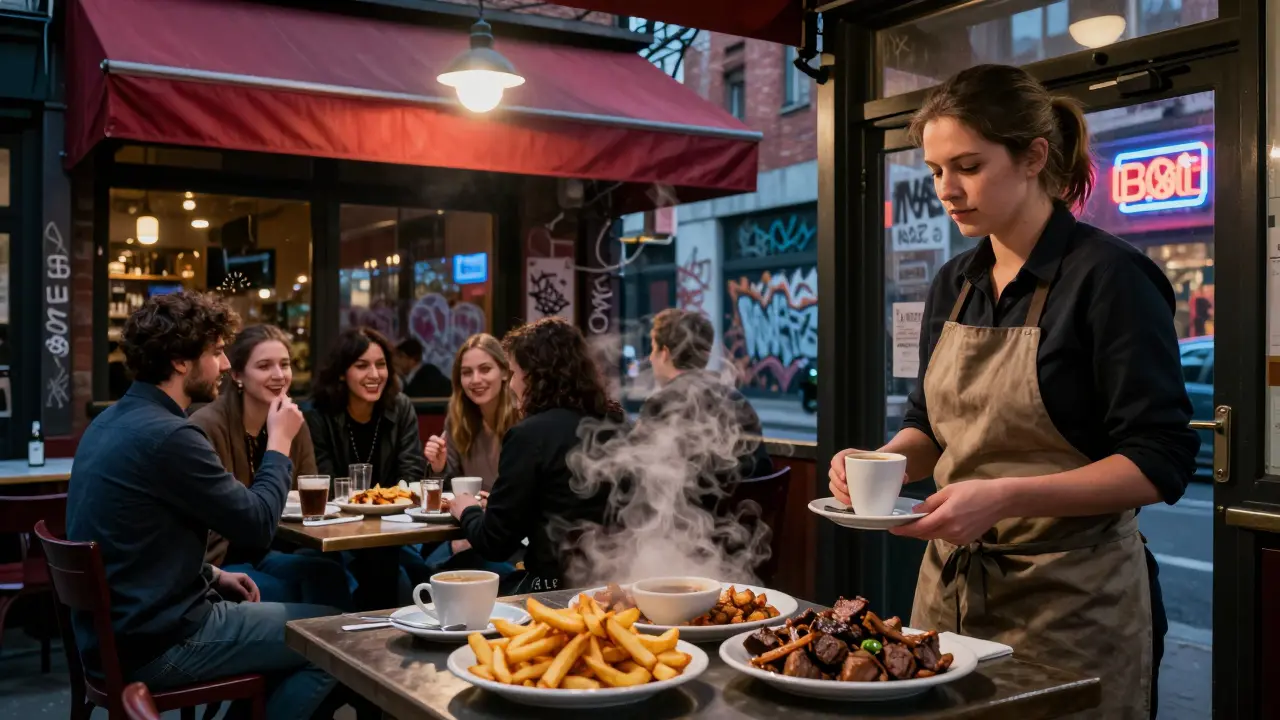 A 24-hour bistro in Belleville at night, serving food to friends laughing at the last table.