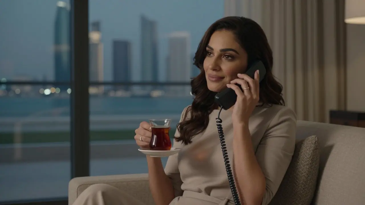 A calm, elegantly dressed woman on a landline phone in a private Abu Dhabi villa.