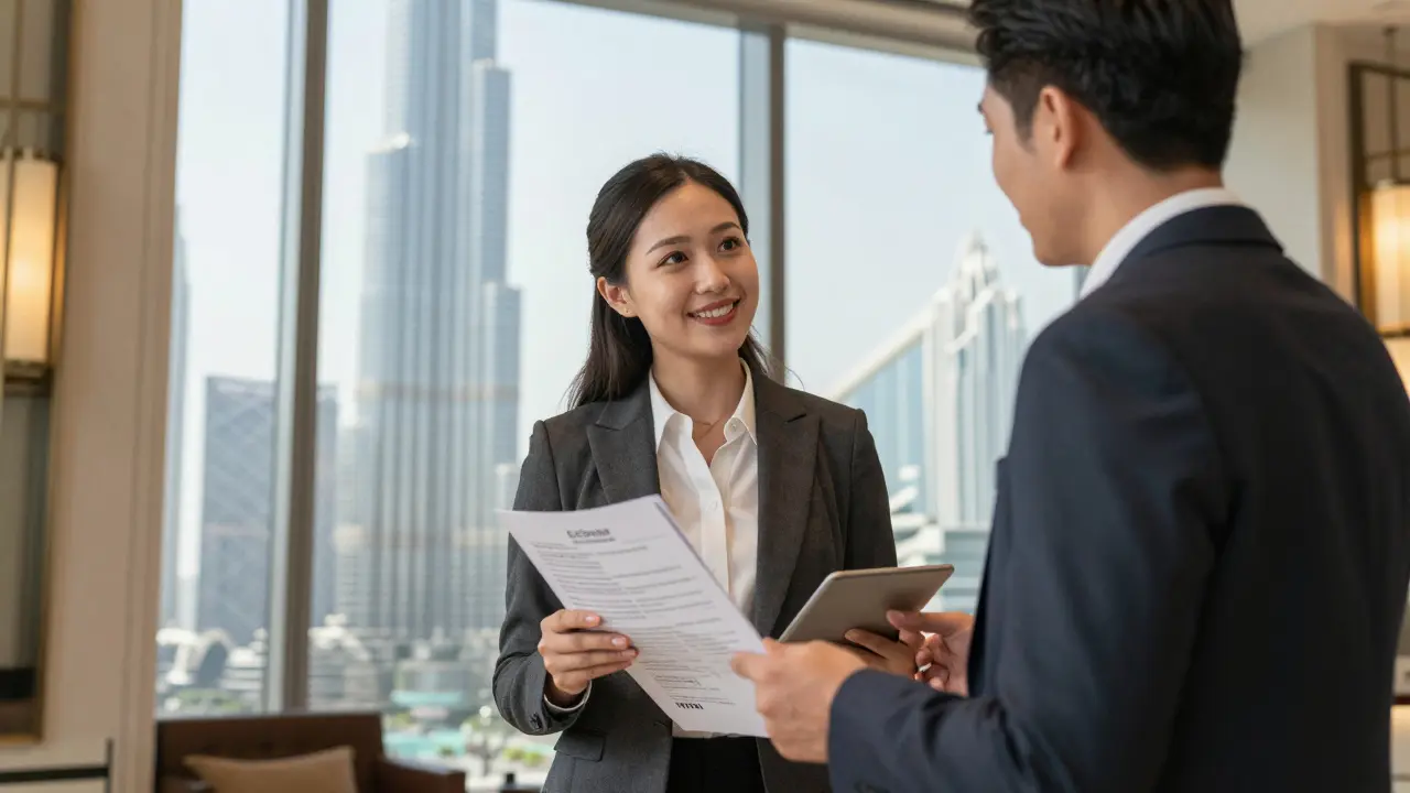 A companion meeting a client in a luxury Dubai hotel lobby, both holding printed itineraries, emphasizing professionalism and public safety.