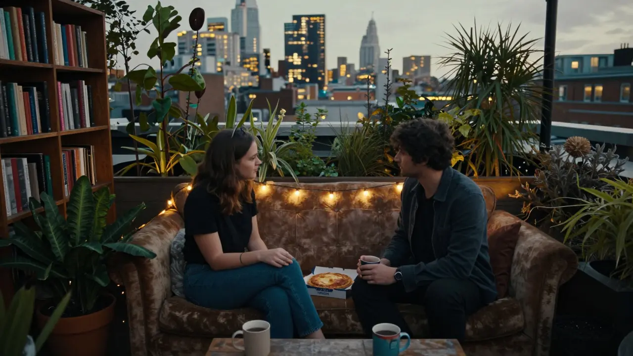 A couple enjoying a quiet evening on a cozy rooftop garden with city lights in the distance.