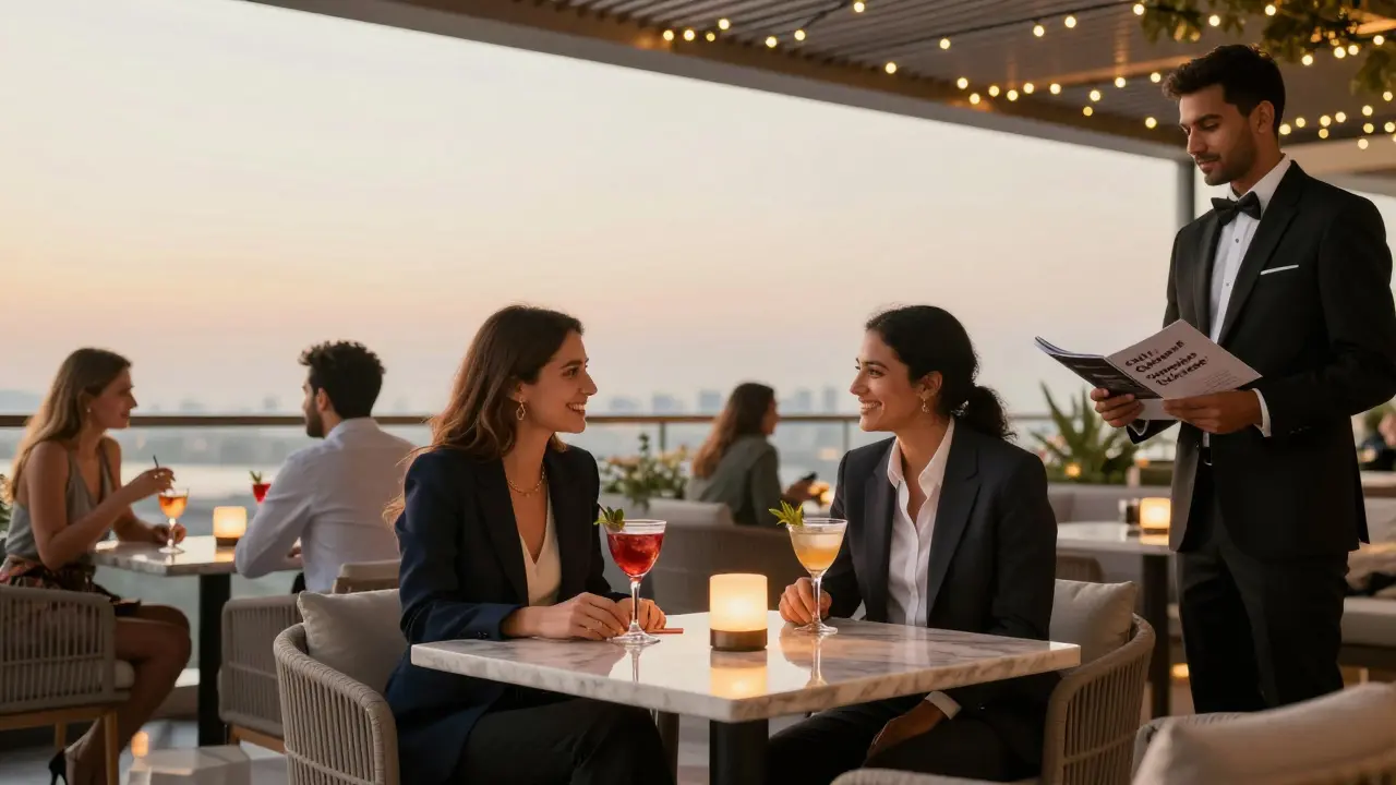 A couple enjoying cocktails at a luxurious Dubai rooftop lounge, symbolizing safe social alternatives.