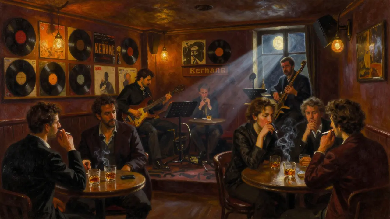 A cozy basement jazz club with vinyl walls and musicians playing under warm lights, locals listening intently.