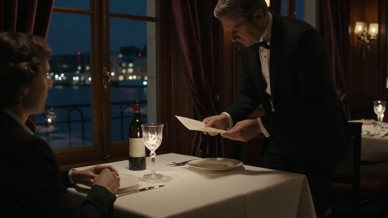 A dimly lit private dining room with a sommelier handing a handwritten note to a guest.