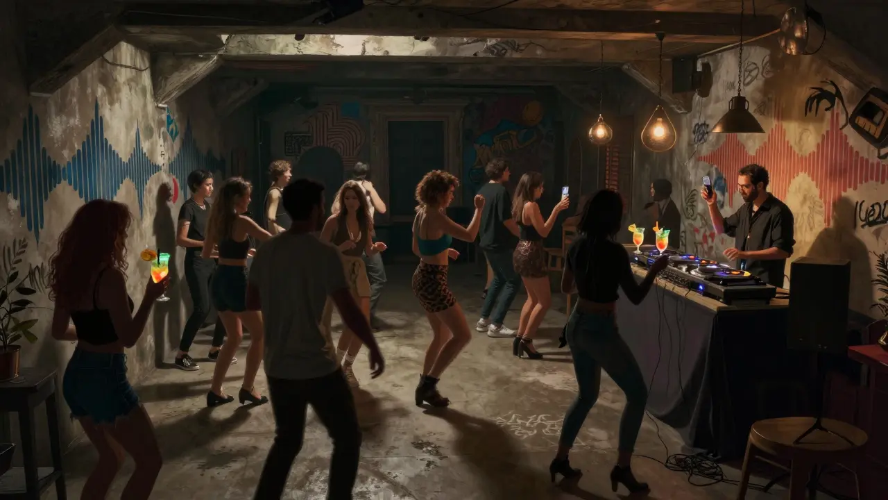 A dimly lit underground dance floor at L’Aqua, where people move freely to live music under herbal cocktail glow.