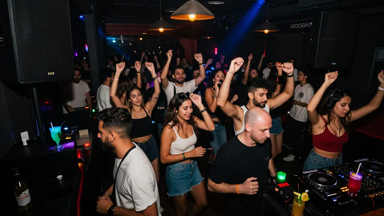 A diverse crowd dancing in a dimly lit underground club with strobe lights and speakers.
